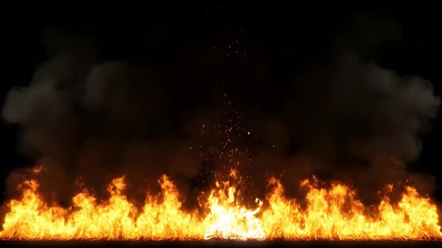 Intense fire line burning with thick smoke and sparks on black background