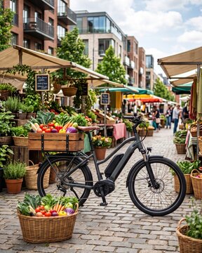 Electric Bicycle Transporting Fresh Produce at a Sustainable Urban Market.