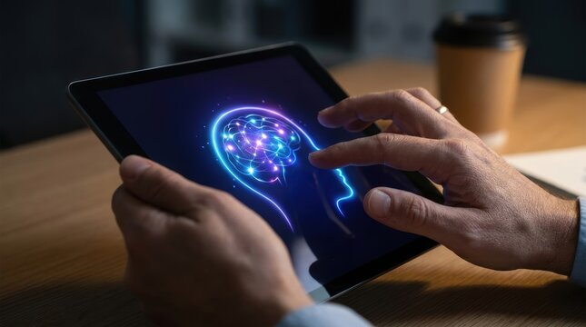 Glowing neural network brain model on digital tablet for neurological health study.
