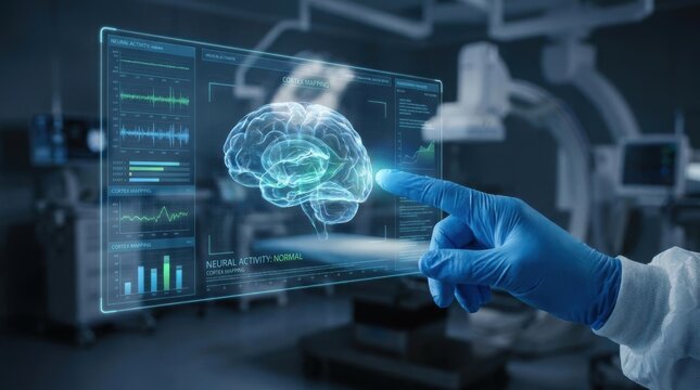 Medical professional analyzing blue brain cortex mapping scan on digital screen.