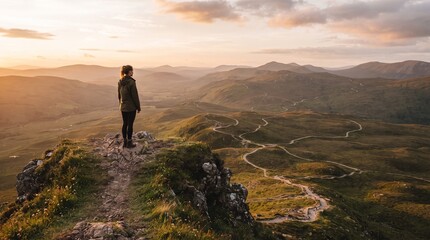 Obraz premium Woman standing on a hilltop overlooking a winding road through rolling hills at sunset
