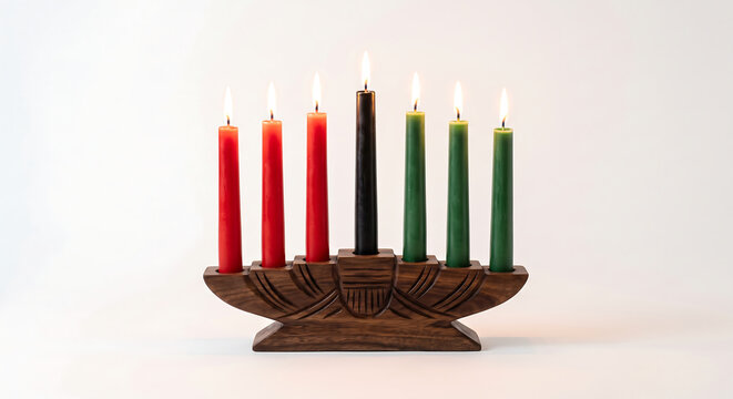 Kinara with Seven Candles: A traditional wooden Kinara holds seven lit candles, symbolizing unity and the principles of Kwanzaa, standing as a beacon of cultural celebration.
