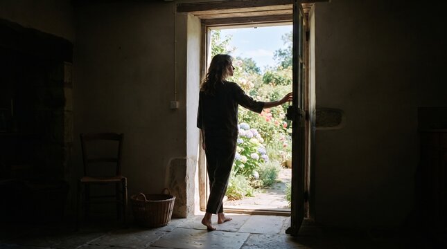 Woman in pajamas opens door to a blooming garden on a sunny day