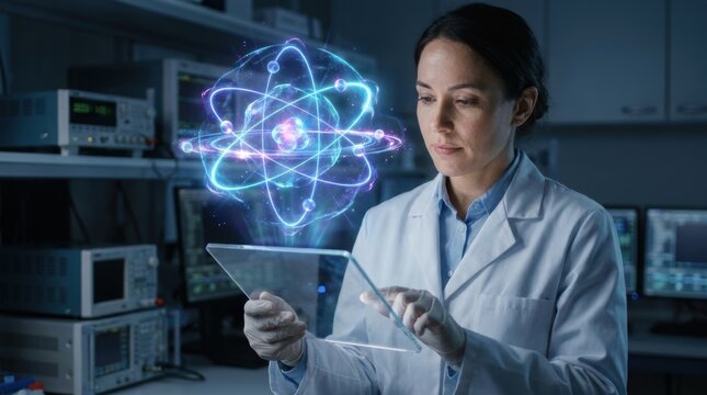 Scientist using glass tablet analyzing glowing atom structure research laboratory.