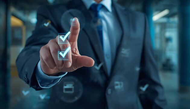 Business professional interacts with digital holographic checkboxes using his finger in a modern corporate office setting featuring blue lighting effects