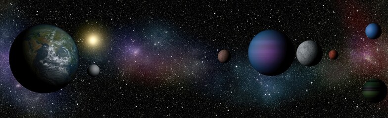 Obraz premium Celestial panorama showing a sun, planets, and a nebula