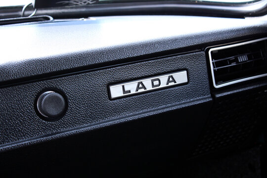 Vinnytsia, Ukraine; September 05, 2026. Soviet VAZ 2104 Lada glove compartment. Glove compartment old Soviet car. VAZ 2104 Lada Station Wagon badge. VAZ logo and emblem. VAZ 2104 Lada interior. Soviet