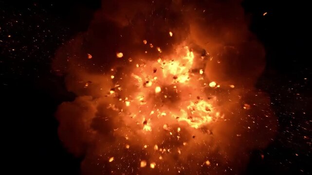 Massive fireball explosion with debris and sparks on black background