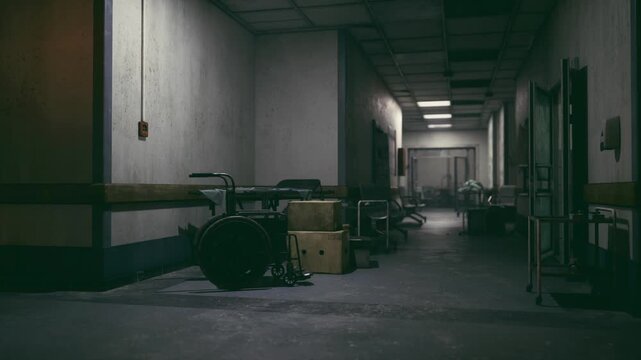 Haunting clinical passageway filled with stacked trolleys and wheelchairs, narrow perspective leads eye to distant dim doorway, stale air and muffled echo