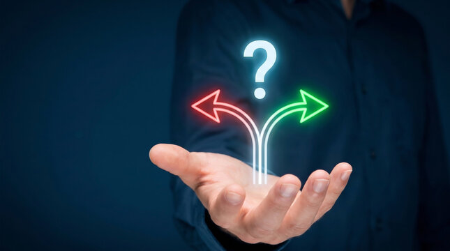 Business executive holding digital hologram interface featuring question mark and diverging arrow, representing strategic business decision making, risk assessment, and alternative direction choice.