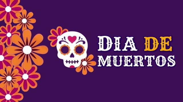 Dia de Muertos Typography Animation with Sugar Skull and Colorful Flowers on Purple Background, Mexican Holiday Motion Graphic 4k video