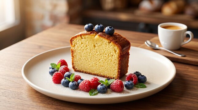 Gourmet lemon pound cake slice with fresh berries, rustic bakery dessert on wooden table, sweet breakfast cake with coffee