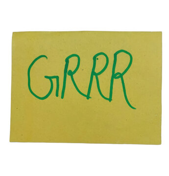 Yellow sticky note with the handwritten word grrr in green ink isolated on transparent background