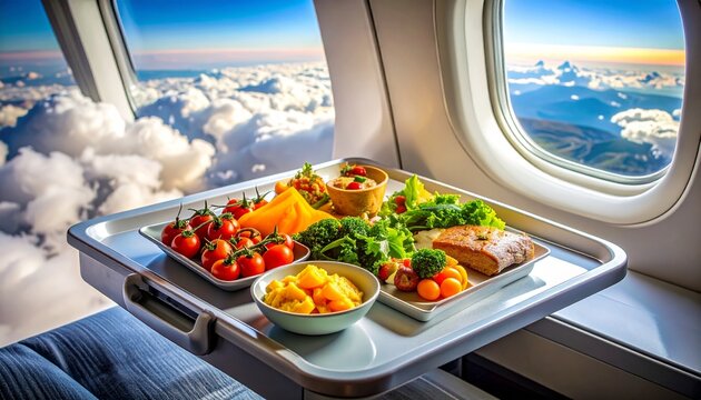 Gourmet inflight meal served on tray table by airplane window overlooking clouds during flight