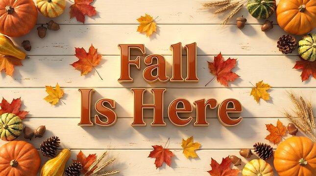 Fall is here autumn greeting with pumpkins and leaves