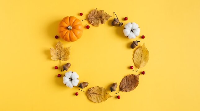 Autumn wreath composition with pumpkin, leaves, and cotton