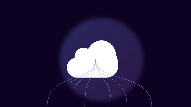 White cloud icon with data connection lines on a dark purple background representing cloud computing and network integration