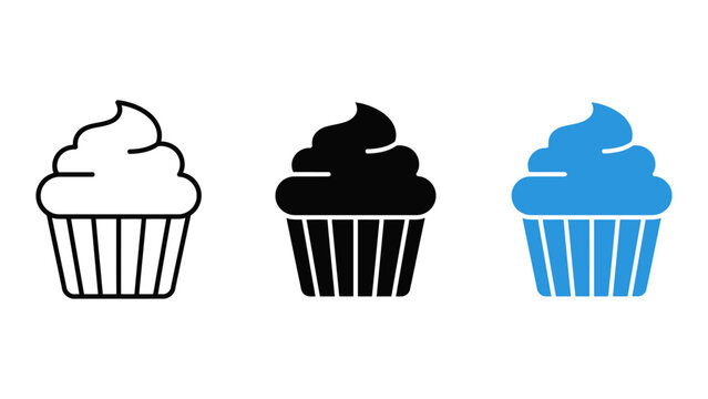 Set of cupcake icons with frosting, line art, solid black and blue vector illustration