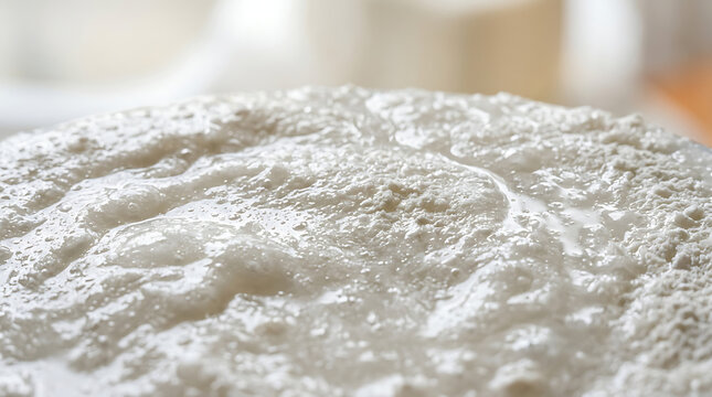 Close-up macro shot of bubbling sourdough starter, fermented dough texture.
