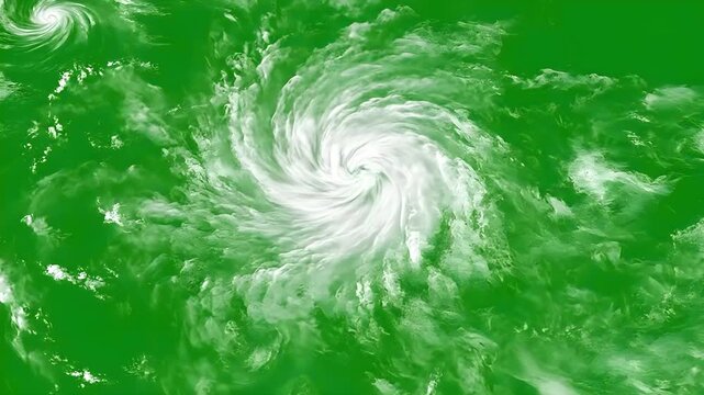Giant hurricane swirl with visible eye on green screen chroma background