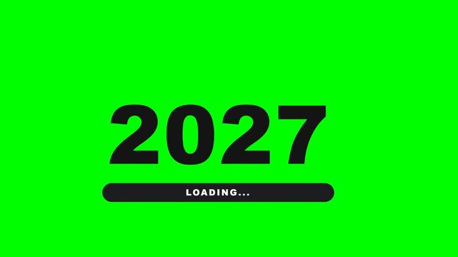Flat vector new year loading transition like the reference on solid chroma green background with NO shadows at all: huge black bold digits 2 0 static with equal spacing; last two digits start as black