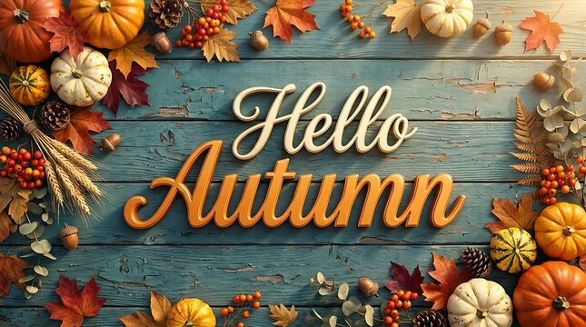 Hello autumn greeting with pumpkins and fall leaves