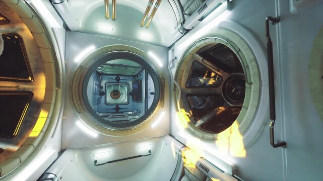 Spacecraft interior with panoramic reflective walls. Observation chamber inside space station showcasing triple perspectives and glowing reflective surfaces