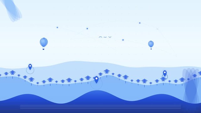 Minimalist Blue Digital Landscape Motion Graphics Featuring Floating Hot Air Balloons And Geographic Location Pin Markers For Interactive Map Concept