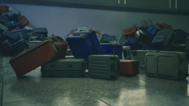 Towering pile mismatched suitcases dominates floor, assorted colors and materials, hard and soft shells, tangled straps and tags, reflective tiles, documentary