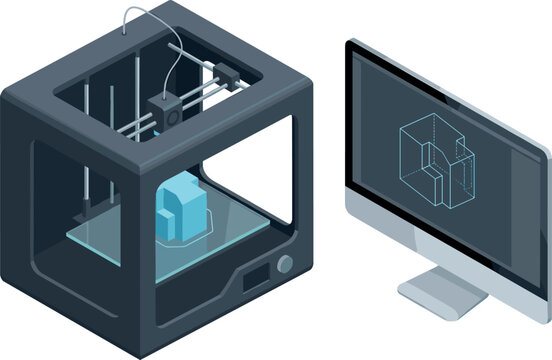 Isometric 3D printer creating model next to computer monitor displaying CAD software engineering design project isolated