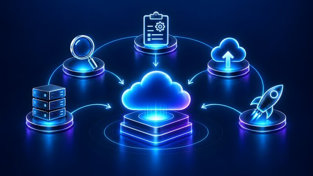 Glowing blue digital cloud computing network ecosystem surrounded by business workflow process icons