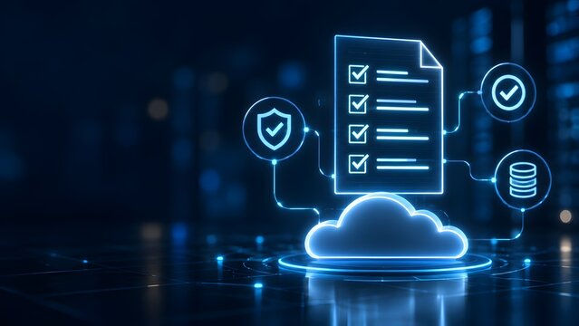 Secure cloud computing checklist document with glowing blue digital security icons