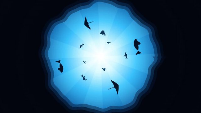 Abstract Underwater Deep Ocean Animation Featuring Glowing Marine Life Silhouettes Swimming In A Circular Motion Pattern Against A Dark Blue Backgroun