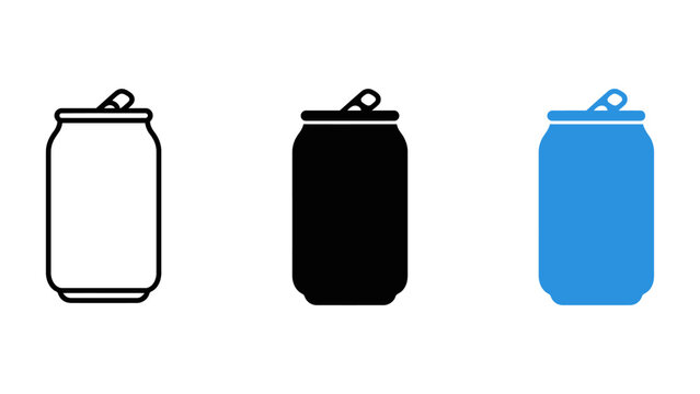 Set of soda can icons in outline, solid black, and blue styles