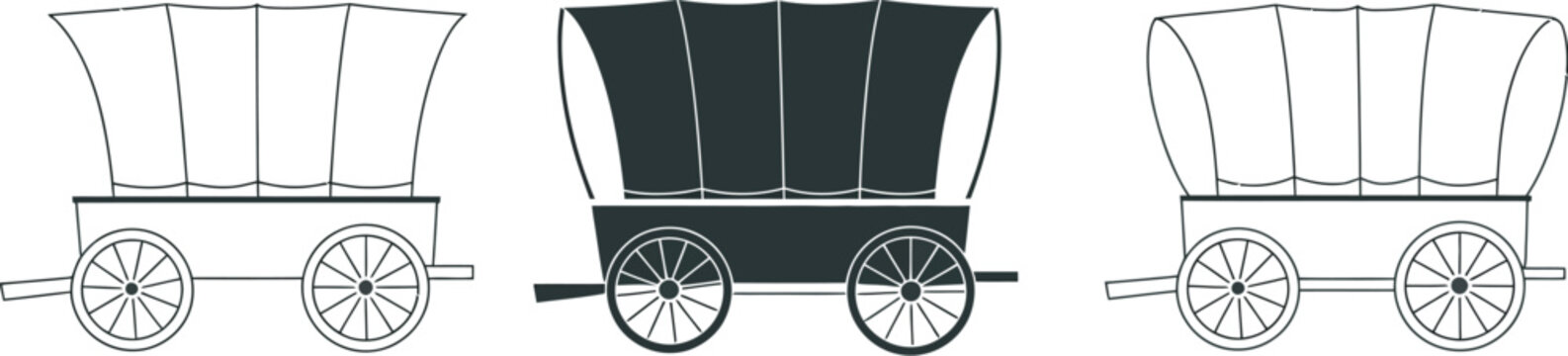Covered wagon icon set, black and white pioneer wagon symbols in filled and outlined stroke styles, isolated on white background, vector illustration, design concept.