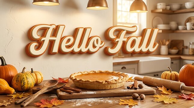 Hello fall pumpkin pie kitchen scene