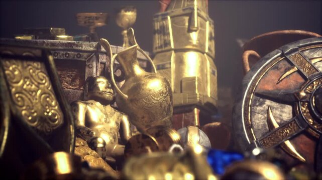 Closeup gilded artifacts piled among coins warm dramatic light reveals goblets, crowns, filigree details and velvetlined ingots in sealed manor vault, evoking