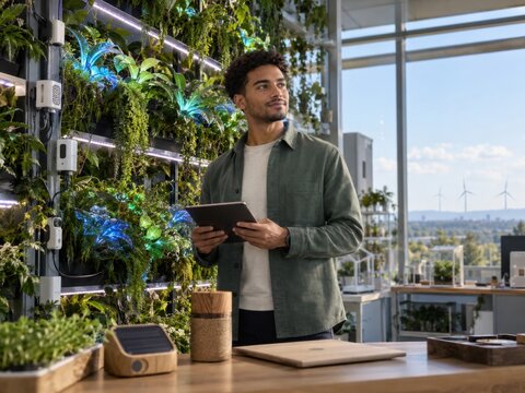 Junger Forscher &uuml;berwacht mit einem Tablet eine intelligente Pflanzenwand in einem modernen Labor. Sensoren, Windkraft und urbane Begr&uuml;nung verbinden Technologie mit Nachhaltigkeit.