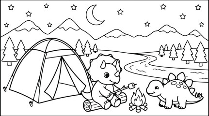 Two adorable dinosaurs camping outdoors under the moon and stars in a black and white illustration © Humayra