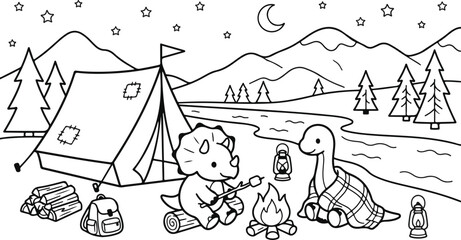 Charming illustration of dinosaurs camping under a starry night sky with mountains and trees © Humayra