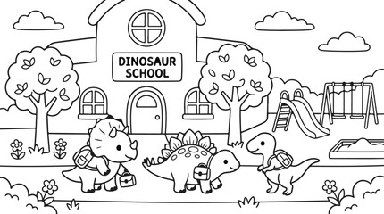 A cheerful dinosaur schoolhouse scene features happy dinosaurs enjoying an outdoor playground with fun elements © Humayra