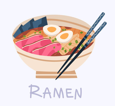 Japanese ramen noodle soup bowl with meat, eggs, nori seaweed, and chopsticks. Flat vector illustration