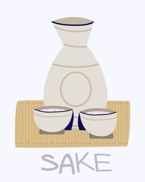 Traditional Japanese sake set with ceramic flask tokkuri and cups choko on bamboo mat. Flat vector icon illustration