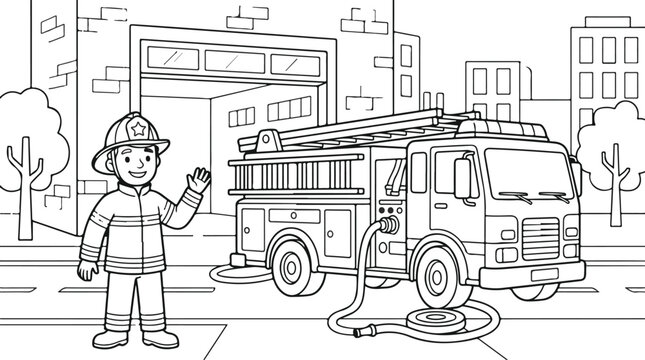 Sketch of a smiling firefighter standing next to a fire engine at the station