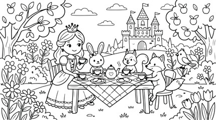 Naklejka premium Whimsical tea party with a princess and rabbits in a magical garden setting illustration