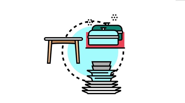Dishware items, including a stack of plates, bowls, a small table, and covered casseroles, form a matching riddle concept for home organization or creative planning tasks