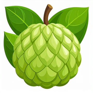A vibrant green sugar apple fruit with leaves is illustrated in a clean vector style.