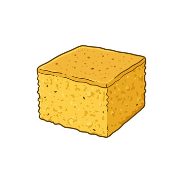 Golden brown cornbread cube with detailed texture on white background.