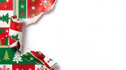 Fototapeta premium Christmas wrapping paper with trees and snowflakes is torn, revealing a white background, suggesting the excitement of gift-giving and the holiday season.