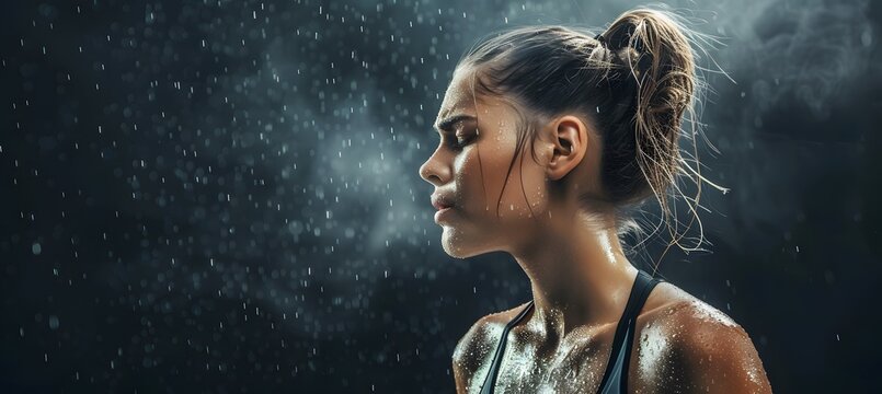 Focused female athlete with wet skin and hair stands under falling rain drops showing intense emotion and professional athletic determination